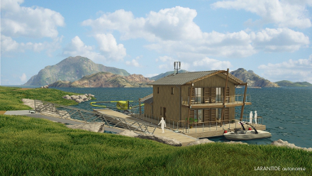 Bâtiment, habitat, maison flottante autonome pour aménagement de zone humide et inondable, plan d'eau intérieur