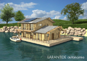 Bâtiment, habitat, maison flottante autonome pour aménagement de zone humide et inondable, plan d'eau intérieur