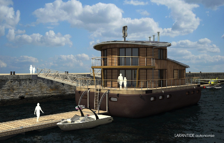 Bâtiment flottant autonome, structure ossature bois sur barge en acier